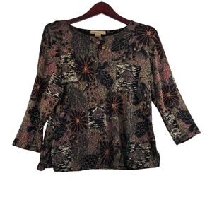Vtg Y2K Notations 3/4 Sleeve Patchwork Print Blouse Women’s Large Bronze Floral